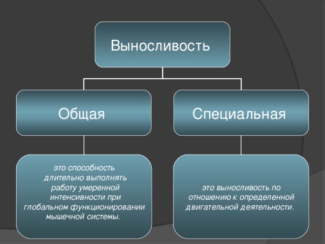 Выносливость Общая Специальная это выносливость по  отношению к определенной двигательной деятельности.  это способность  длительно выполнять  работу умеренной  интенсивности при  глобальном функционировании мышечной системы.