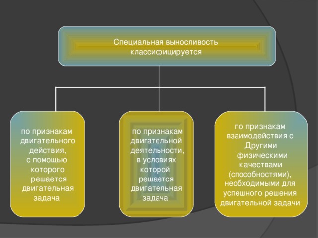 Специальная выносливость классифицируется  по признакам двигательной  деятельности,  в условиях которой решается  двигательная задача по признакам двигательного  действия, с помощью которого  решается  двигательная задача по признакам взаимодействия с Другими  физическими  качествами (способностями), необходимыми для успешного решения двигательной задачи