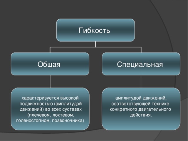 Гибкость Общая Специальная характеризуется высокой  подвижностью (амплитудой  движений) во всех суставах  (плечевом, локтевом,  голеностопном, позвоночника) амплитудой движений, соответствующей технике конкретного двигательного действия.