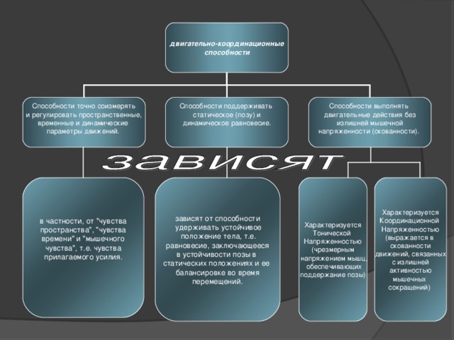 двигательно-координационные  способности  Способности точно соизмерять  и регулировать пространственные, временные и динамические параметры движений.    Способности поддерживать статическое (позу) и  динамическое равновесие.    Способности выполнять двигательные действия без  излишней мышечной напряженности (скованности).    Характеризуется Координационной Напряженностью (выражается в скованности  движений, связанных с излишней  активностью мышечных сокращений) зависят от способности  удерживать устойчивое  положение тела, т.е.  равновесие, заключающееся в устойчивости позы в статических положениях и ее балансировке во время  перемещений. в частности, от 