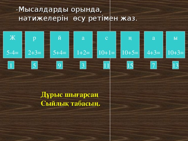 - Мысалдарды орында,  нәтижелерін өсу ретімен жаз. р 2+3 = й 5+4 = с 10+1 = ң 10+5 = а 4+3 = ы 10+3 = а 1+2 = Ж 5-4 = 15 13 11 5 7 9 3 1 Дұрыс шығарсаң Сыйлық табасың.