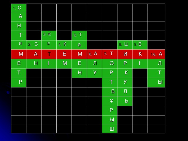 1 . С  А  Н  Т  И  М 2. С 3. Ж  Е  А  Е  Н  Т  Т 5. Т 4. К  Р  ө  Е  І  М  М 6. А  Е 7 . Т  Л 8. Ц  Н  Ө  У 9. Е  И  Р  К  Р  10. А  І  Т  К  Л  Б  У  Ұ  Т  Л  Р  Ы  Ь  Ы  Ш