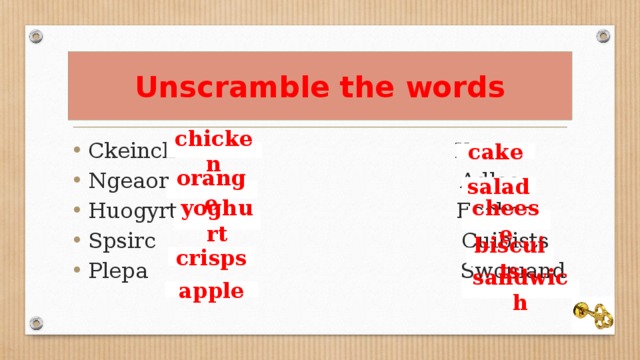 Unscramble the words Ckeinch Keac Ngeaor Adlas Huogyrt Eechse Spsirc Cuibists Plepa Swchiand chicken cake salad orange yoghurt cheese crisps biscuits sandwich apple