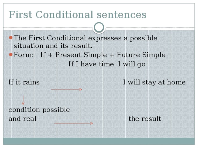 First Conditional sentences The First Conditional expresses a possible situation and its result. Form: If + Present Simple + Future Simple  If I have time I will go If it rains I will stay at home condition possible and real the result