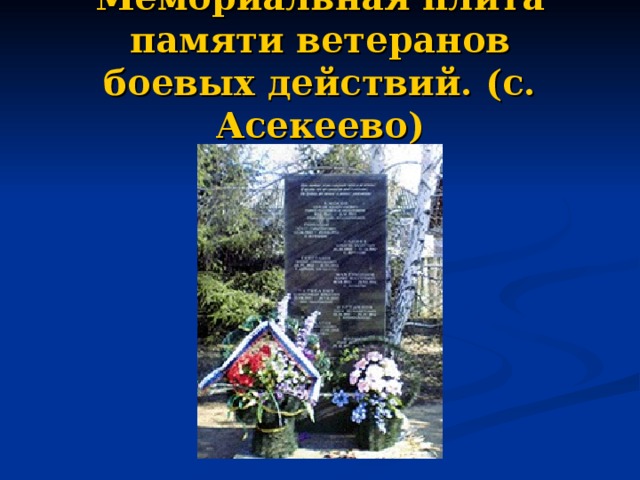 Мемориальная плита памяти ветеранов боевых действий. (с. Асекеево)