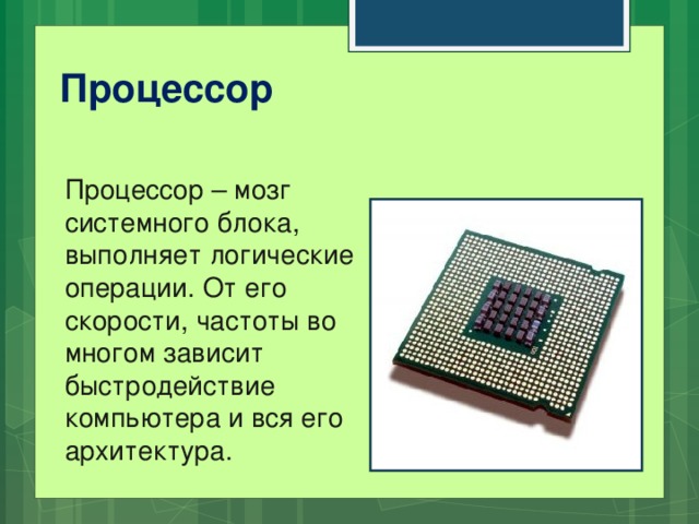 Процессор Процессор – мозг системного блока, выполняет логические операции. От его скорости, частоты во многом зависит быстродействие компьютера и вся его архитектура.