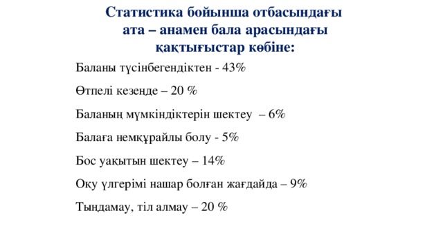 Статистика бойынша отбасындағы ата – анамен бала арасындағы қақтығыстар көбіне: Баланы түсінбегендіктен - 43% Өтпелі кезеңде – 20 % Баланың мүмкіндіктерін шектеу – 6% Балаға немқұрайлы болу - 5% Бос уақытын шектеу – 14% Оқу үлгерімі нашар болған жағдайда – 9% Тыңдамау, тіл алмау – 20 %