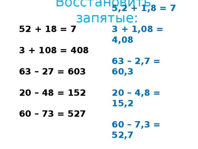 Восстановить запятые: 5,2 + 1,8 = 7  3 + 1,08 = 4,08  63 – 2,7 = 60,3  20 – 4,8 = 15,2  60 – 7,3 = 52,7  52 + 18 = 7  3 + 108 = 408  63 – 27 = 603  20 – 48 = 152  60 – 73 = 527