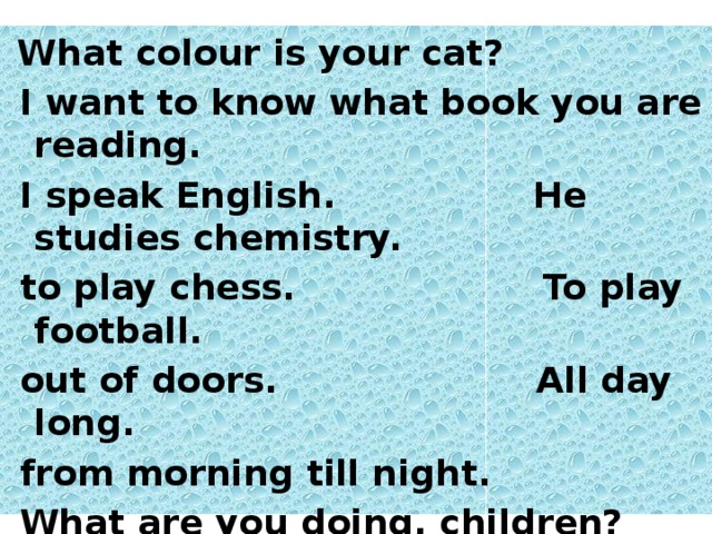 What colour is your cat?  I want to know what book you are reading.  I speak English. He studies chemistry.  to play chess. To play football.  out of doors. All day long.  from morning till night.  What are you doing, children?  I shall study at Moscow University.  My father graduated from Oxford University.