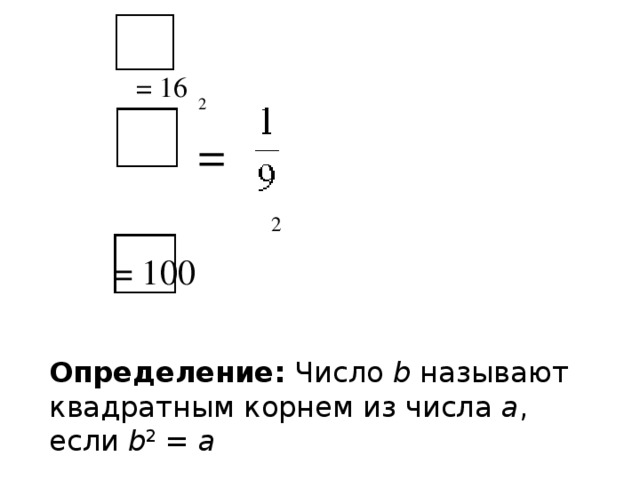 2   = 16 2  =  2 = 100 Определение: Число b называют квадратным корнем из числа а , если b 2 = а