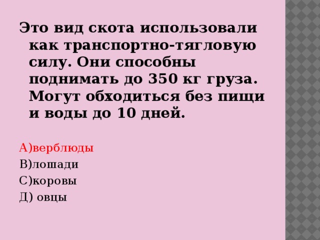 Это вид скота использовали как транспортно-тягловую силу. Они способны поднимать до 350 кг груза. Могут обходиться без пищи и воды до 10 дней. А)верблюды В)лошади С)коровы Д) овцы