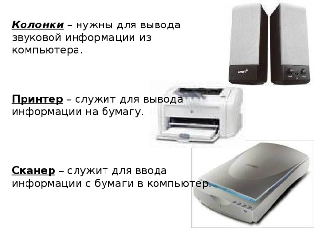 Колонки – нужны для вывода звуковой информации из компьютера.   Принтер – служит для вывода информации на бумагу. Сканер – служит для ввода информации с бумаги в компьютер.
