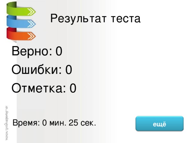 Результат теста Верно: 0 Ошибки: 0 Отметка: 0 исправить Время: 0 мин. 25 сек. ещё