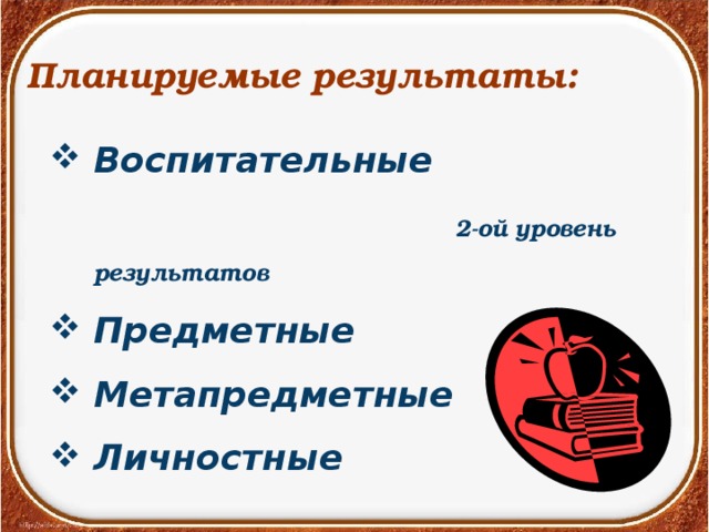 Планируемые результаты: Воспитательные  2-ой уровень результатов Предметные Метапредметные Личностные