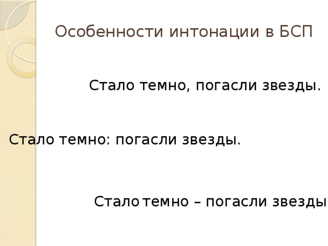 Особенности интонации в БСП Стало темно, погасли звезды. Стало темно: погасли звезды. Стало  темно – погасли звезды.