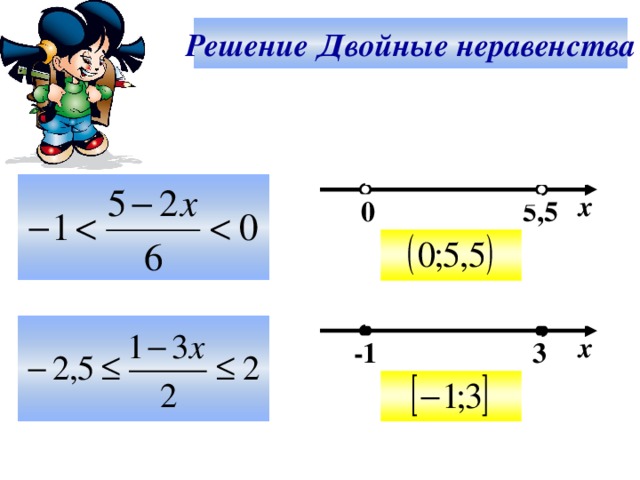 Решение Двойные неравенства  х  0 5,5  Göy kvadrata daxil olduqda düzgün cavab ekranda göstərilir.  х  -1  3  6