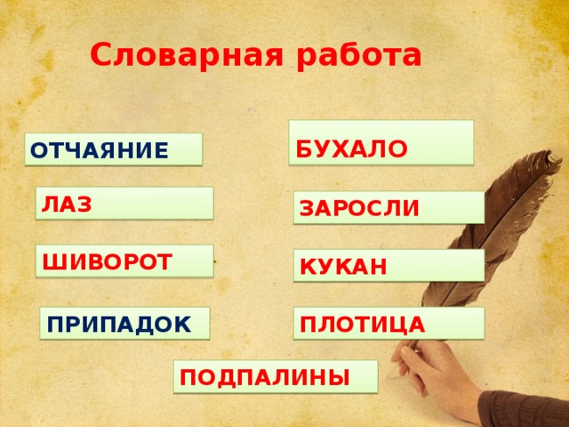 Словарная работа БУХАЛО ОТЧАЯНИЕ  ЛАЗ ЗАРОСЛИ ШИВОРОТ КУКАН ПРИПАДОК ПЛОТИЦА ПОДПАЛИНЫ