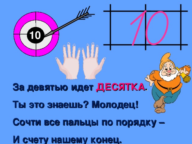 10 За девятью идет ДЕСЯТКА . Ты это знаешь? Молодец! Сочти все пальцы по порядку – И счету нашему конец.