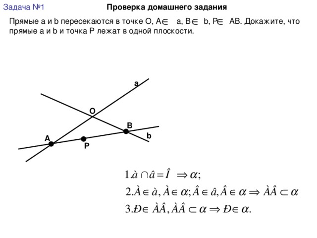 Проверка домашнего задания Задача №1 Прямые а и b пересекаются в точке О, А а, В b , Р АВ. Докажите, что прямые а и b и точка Р лежат в одной плоскости. а О В b А Р