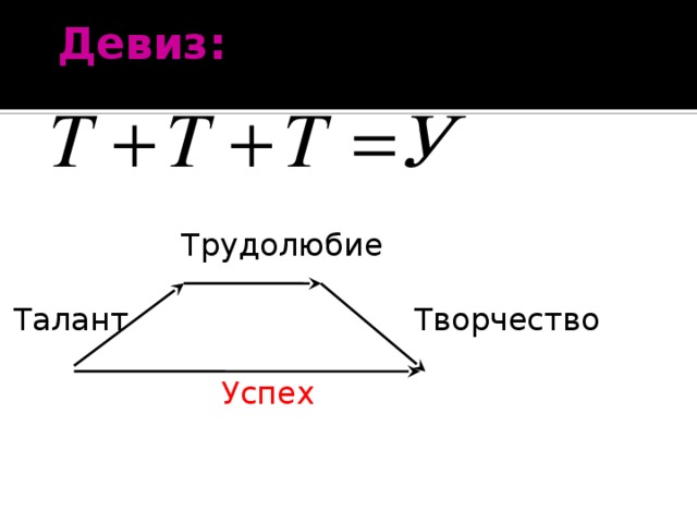 Девиз:   Трудолюбие Талант Творчество  Успех