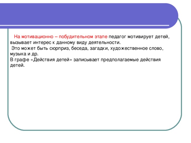    На мотивационно – побудительном этапе педагог мотивирует детей, вызывает интерес к данному виду деятельности.  Это может быть сюрприз, беседа, загадки, художественное слово, музыка и др. В графе «Действия детей» записывает предполагаемые действия детей. 