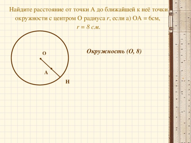 Найдите расстояние от точки А до ближайшей к неё точки окружности с центром О радиуса r , если а) ОА = 6см,   r = 8 см .   Окружность (О, 8) О A Н