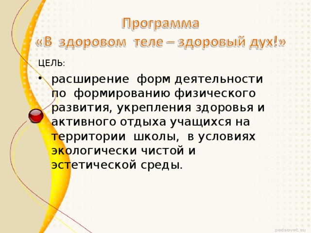 ЦЕЛЬ: расширение форм деятельности по формированию физического развития, укрепления здоровья и активного отдыха учащихся на территории школы, в условиях экологически чистой и эстетической среды.   