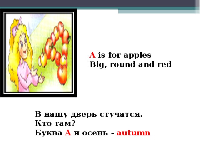 A is for apples Big, round and red      В нашу дверь стучатся. Кто там? Буква A и осень - autumn