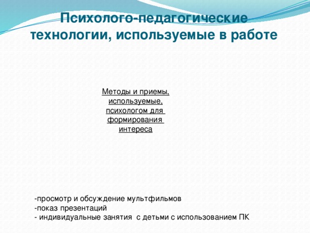 Психолого-педагогические технологии, используемые в работе Знаково-символические методы Методы и приемы, используемые, психологом для формирования интереса -просмотр и обсуждение мультфильмов -показ презентаций - индивидуальные занятия с детьми с использованием ПК современные информационные технологии Эксперимен-тирование проблемно-игровые технологии