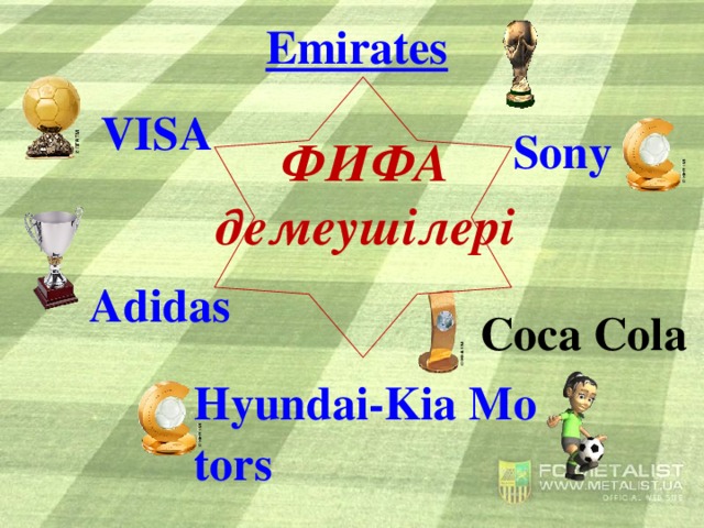 Emirates VISA ФИФА демеушілері Sony Adidas Coca Cola Hyundai-Kia Motors