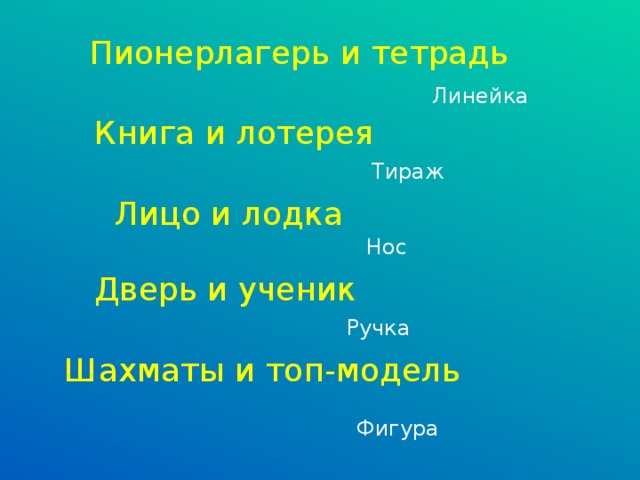 Пионерлагерь и тетрадь Линейка Книга и лотерея Тираж Лицо и лодка Нос Дверь и ученик Ручка Шахматы и топ-модель Фигура