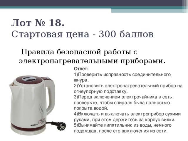 Лот № 18.   Стартовая цена - 300 баллов      Правила безопасной работы с электронагревательными приборами. Ответ: