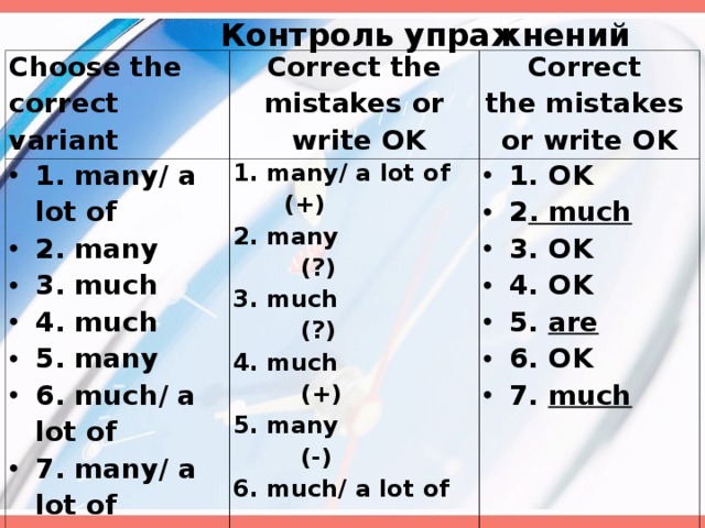 Контроль упражнений Choose the correct variant Correct the mistakes or  write OK 1. many/ a lot of 2. many 3. much 4. much 5. many 6. much/ a lot of  7. many/ a lot of  Correct the mistakes or write OK 1. many/ a lot of (+) 2. many (?) 3. much (?) 4. much (+) 5. many (-) 6. much/ a lot of ( по ситуации ) 7. many/ a lot of  ( по ситуации )
