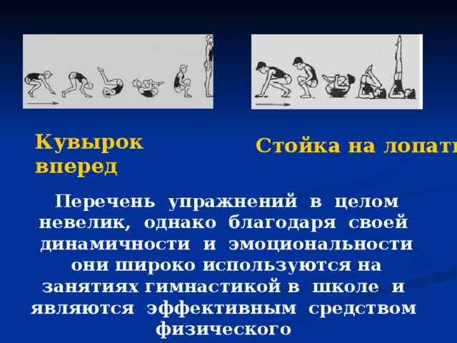 Кувырок вперед Стойка на лопатках Перечень упражнений в целом невелик, однако благодаря своей динамичности и эмоциональности они широко используются на занятиях гимнастикой в школе и являются эффективным средством физического воспитания учащихся.