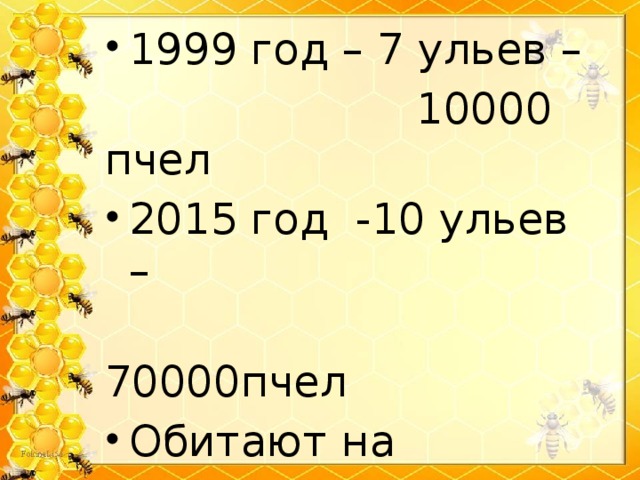1999 год – 7 ульев –  10000 пчел 2015 год -10 ульев –  70000пчел Обитают на территории