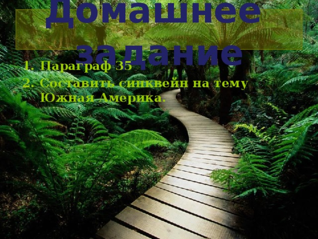 Домашнее задание Параграф 35 Составить синквейн на тему Южная Америка.