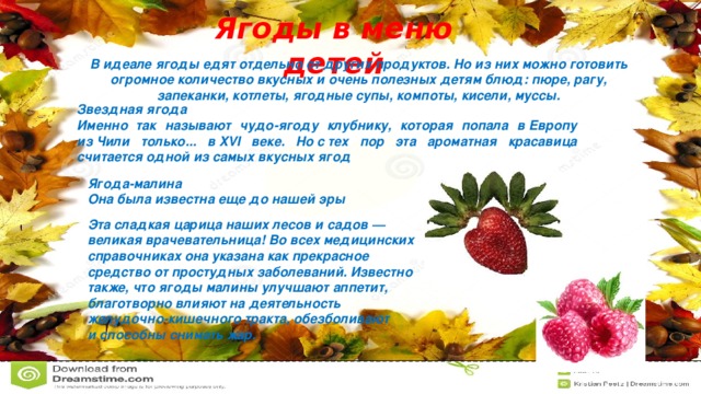 Ягоды в меню детей В идеале ягоды едят отдельно от других продуктов. Но из них можно готовить огромное количество вкусных и очень полезных детям блюд: пюре, рагу, запеканки, котлеты, ягодные супы, компоты, кисели, муссы. Звездная ягода Именно так называют чудо-ягоду клубнику, которая попала в Европу из Чили только... в XVI веке. Но с тех пор эта ароматная красавица считается одной из самых вкусных ягод Ягода-малина Она была известна еще до нашей эры Эта сладкая царица наших лесов и садов — великая врачевательница! Во всех медицинских справочниках она указана как прекрасное средство от простудных заболеваний. Известно также, что ягоды малины улучшают аппетит, благотворно влияют на деятельность желудочно-кишечного тракта, обезболивают и способны снимать жар.