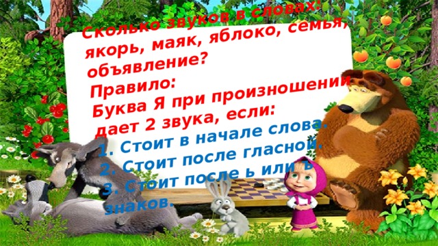 Сколько звуков в словах: якорь, маяк, яблоко, семья, объявление? Правило: Буква Я при произношении дает 2 звука, если: 1. Стоит в начале слова. 2. Стоит после гласной. 3. Стоит после ь или ъ знаков.