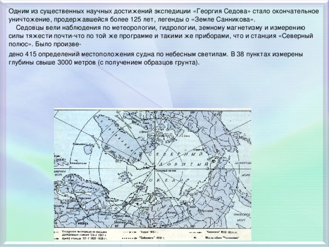 Одним из существенных научных достижений экспедиции «Георгия Седова» стало окончательное уничтожение, продержавшейся более 125 лет, легенды о «Земле Санникова».  Седовцы вели наблюдения по метеорологии, гидрологии, земному магнетизму и измерению силы тяжести почти-что по той же программе и такими же приборами, что и станция «Северный полюс». Было произве- дено 415 определений местоположения судна по небесным светилам. В 38 пунктах измерены глубины свыше 3000 метров (с получением образцов грунта).