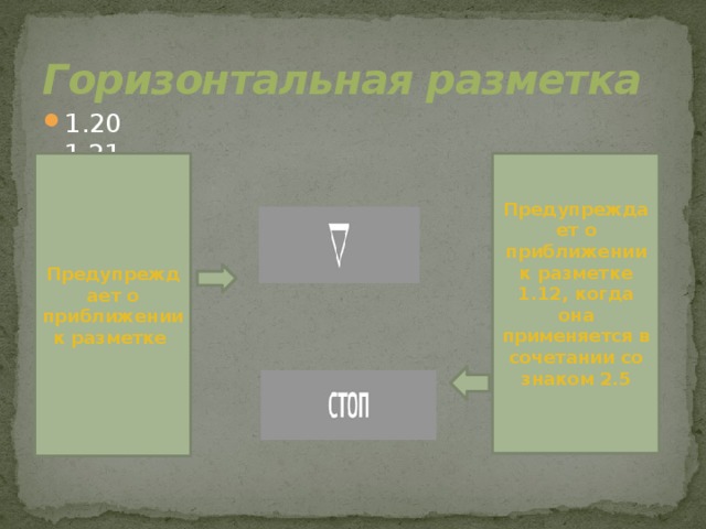 Горизонтальная разметка 1.20 1.21 Предупреждает о приближении к разметке Предупреждает о приближении к разметке 1.12, когда она применяется в сочетании со знаком 2.5