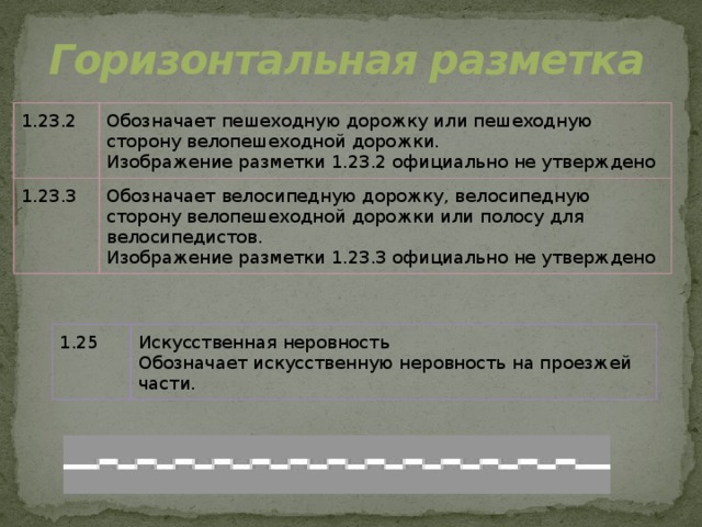 Горизонтальная разметка 1.23.2 Обозначает пешеходную дорожку или пешеходную сторону велопешеходной дорожки. 1.23.3 Изображение разметки 1.23.2 официально не утверждено Обозначает велосипедную дорожку, велосипедную сторону велопешеходной дорожки или полосу для велосипедистов. Изображение разметки 1.23.3 официально не утверждено 1.25 Искусственная неровность Обозначает искусственную неровность на проезжей части.