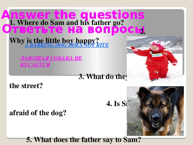 Answer the questions  Ответьте на вопросы 1. Where do Sam and his father go? 2. Why is the little boy happy? 3. What do they see in the street? 4. Is Sam afraid of the dog? 5. What does the father say to Sam? 6. What is the proverb? 7. What does the little boy ask?  A BARKING DOG DOES NOT BITE  ЛАЮЩАЯ СОБАКА НЕ КУСАЕТСЯ
