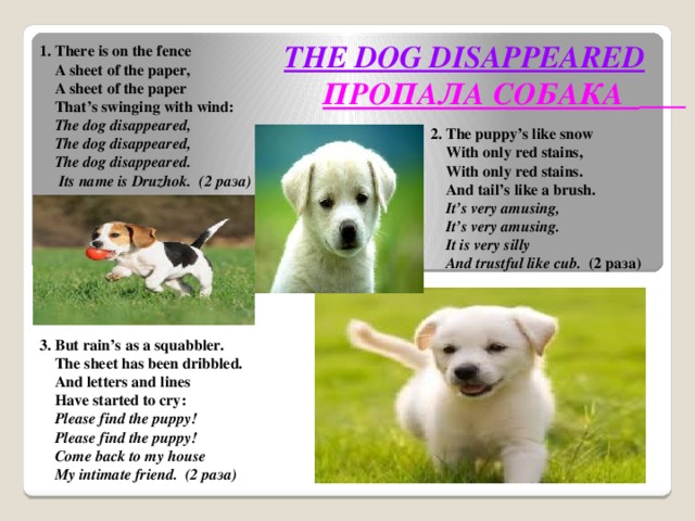 THE DOG DISAPPEARED  ПРОПАЛА СОБАКА  1. There is on the fence  A sheet of the paper,  A sheet of the paper  That’s swinging with wind:   The dog disappeared,  The dog disappeared,  The dog disappeared.  Its name is Druzhok.  (2 раза)          3. But rain’s as a squabbler.  The sheet has been dribbled.  And letters and lines  Have started to cry:  Please find the puppy!  Please find the puppy!  Come back to my house  My intimate friend.  (2 раза) 2. The puppy’s like snow  With only red stains,  With only red stains.  And tail’s like a brush.  It’s very amusing,  It’s very amusing.  It is very silly  And trustful like cub. (2 раза)