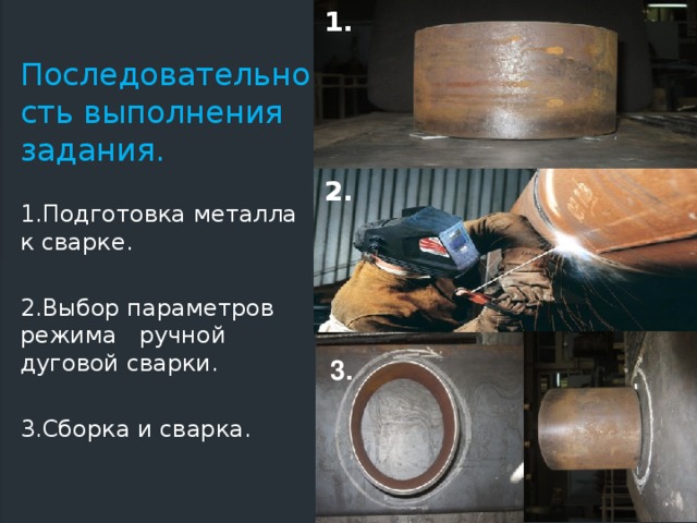 1. Последовательность выполнения задания. 1.Подготовка металла к сварке. 2.Выбор параметров режима ручной дуговой сварки. 3.Сборка и сварка. 2. 3.