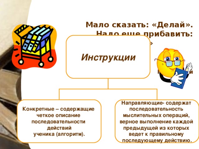 Мало сказать: «Делай». Надо еще прибавить: «Вот так делай»   М. Горький    Инструкции Конкретные – содержащие четкое описание последовательности действий ученика (алгоритм). Направляющие- содержат последовательность мыслительных операций, верное выполнение каждой предыдущей из которых ведет к правильному последующему действию.