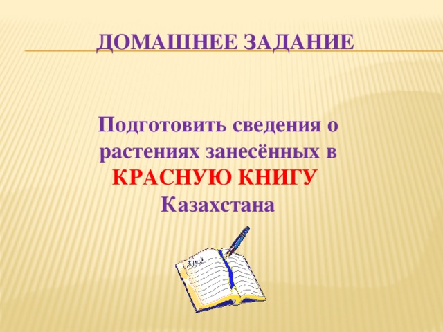 Домашнее задание Подготовить сведения о растениях занесённых в КРАСНУЮ КНИГУ Казахстана