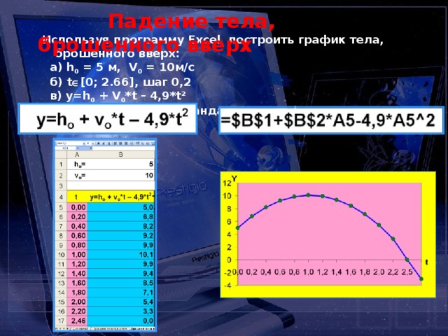 Падение тела, брошенного вверх  Используя программу Excel построить график тела, брошенного вверх:  а) h 0 = 5 м, V 0 = 10м/с  б) t  [0; 2.66], шаг 0,2  в) y=h 0 + V 0 *t – 4,9*t 2  г) вид диаграммы – стандартные график.