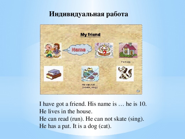 Индивидуальная работа I have got a friend. His name is … he is 10. He lives in the house. He can read (run). He can not skate (sing). He has a pat. It is a dog (cat).