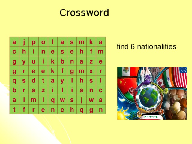 Crossword find 6 nationalities a j c h p g g o y i r n l u q b s a i e e s r e a d s k a b k e m i t t f z f h m k a n y f g a i a r l m e m l l z q n e i w x h a r c s s i n h j c q w g a n