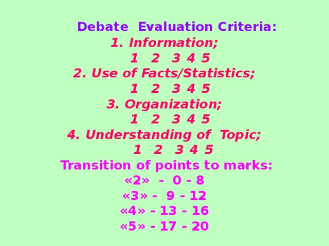 Debate Evaluation Criteria:  1. Information;  1  2  3  4  5   2. Use of Facts/Statistics;  1  2  3  4  5   3. Organization;  1  2  3  4  5   4. Understanding of Topic;  1  2  3  4  5  Transition of points to marks:  «2» - 0 - 8  «3» - 9 - 12  «4» - 13 - 16  «5» - 17 - 20